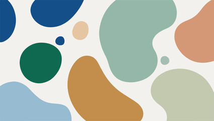 Abstract shapes in various colors, including blue, green, orange, and beige, on a white background