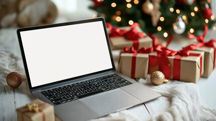 Laptop with blank white screen on Christmas gifts background, online gift shopping theme or promotion and sale banner with space for text or inscriptions
