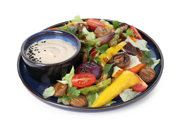 Delicious salad with grilled vegetables and sauce isolated on white