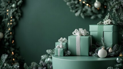 Promotional Christmas light green background with gifts and space for text or text or product
