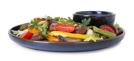 Delicious salad with grilled vegetables and sauce isolated on white