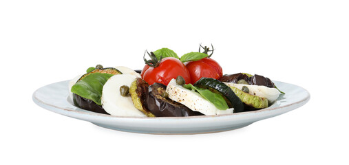 Tasty salad with grilled vegetables and mozzarella cheese isolated on white