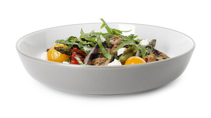 Tasty salad with grilled vegetables in bowl isolated on white