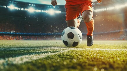 Fototapeta premium Football player in the stadium during the match kicks the ball, close up view with space for text or inscriptions 