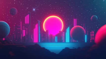 New Year 2025 in space, sci-fi cityscape, neon holographic display, stars and planets backdrop, vibrant galactic scene, 3D illustration, Copy for text, no text, no logo