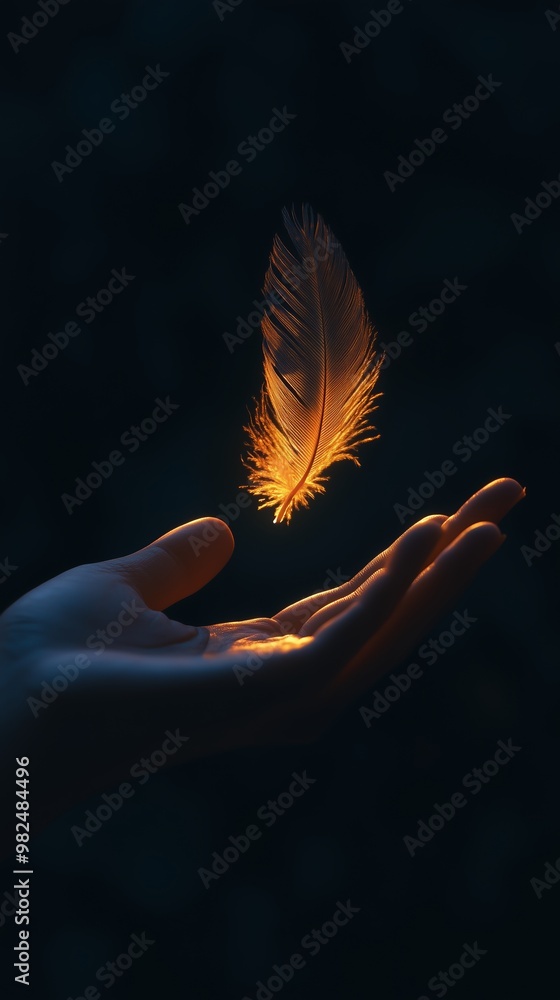 Aufkleber a delicate golden feather floating above a gentle palm in a dark setting, symbolizing lightness and 