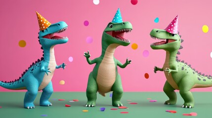 Obraz premium Happy New Year 2025, cute dinosaurs, party hats and confetti, playful T-Rex and friends, vibrant celebration, cheerful atmosphere, 3D illustration, Copy for text, no text, no logo