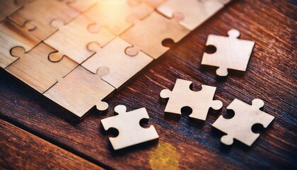 A closeup and low angle view of pieces of puzzles with sunlight shinning on the jigsaw puzzle; a jigsaw puzzle representing working together and teamwork; blurred background; selective focus
