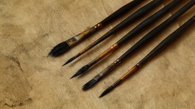 Miniature detail brushes for fine art painting, with ultra-fine tips, showcased on a textured paper background.