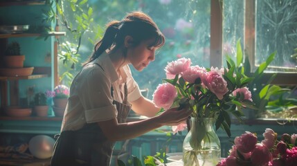 Obraz premium Carefully Arranging Fresh Flowers in a Bright Kitchen Filled with Natural Light