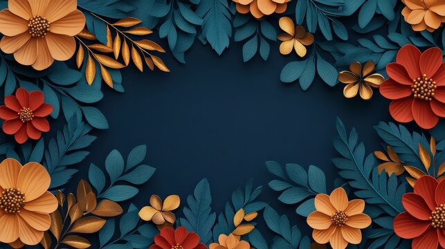 Happy New Year 2025, floral patterns, intricate blooming flowers, golden accents, lush greenery, elegant and festive design, 3D illustration, Copy for text, no text, no logo