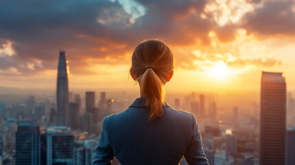 Back view of an executive woman in formal clothing looking at the city skyline with skyscrapers during sunset with a dramatic sky, successful businesswoman concept background