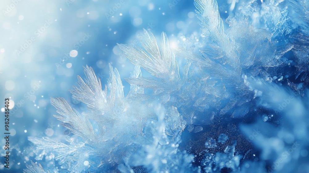Poster a stunning close-up of delicate ice crystals showcasing intricate patterns in a serene blue backdrop