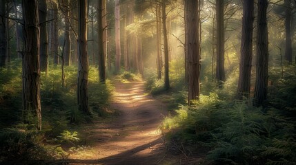 Serene forest path with sunlight filtering through tall trees, creating a calm, peaceful atmosphere for nature lovers.