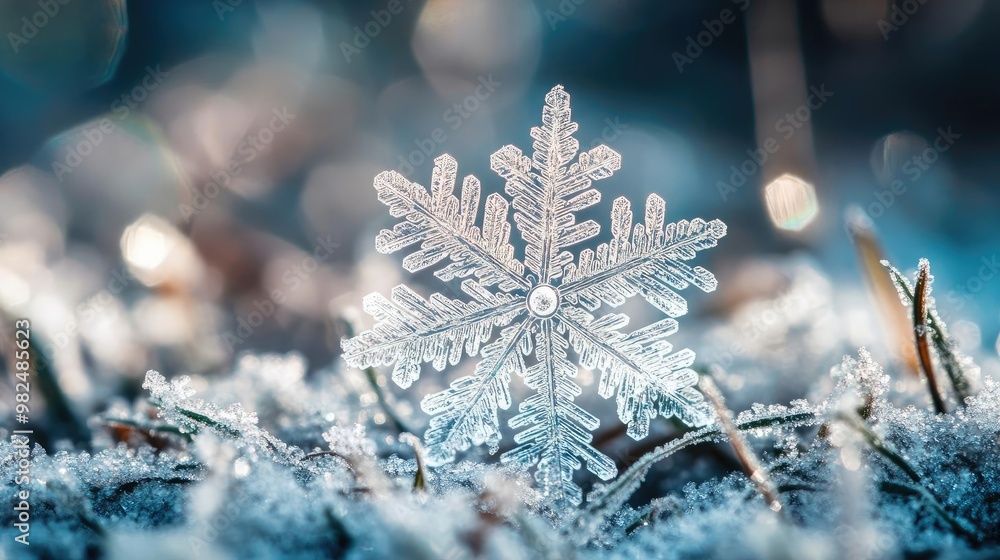 Poster a close-up of a delicate snowflake resting on frost-covered ground, capturing the beauty and intrica