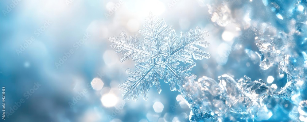 Poster close-up of a delicate snowflake resting on ice, showcasing intricate details and shimmering crystal