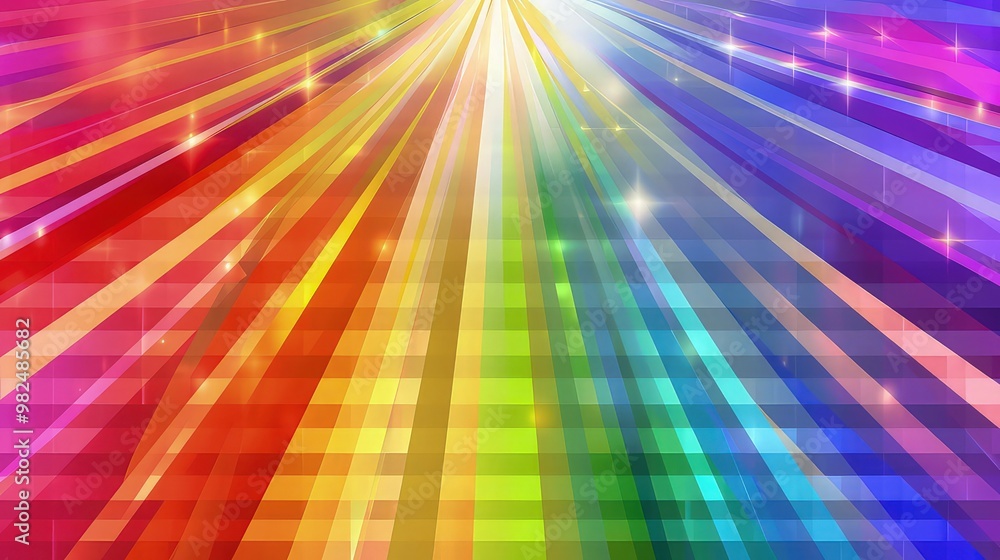 Poster radiant waves of light in a spectrum of rainbow colors, creating a vibrant and joyful abstract backg