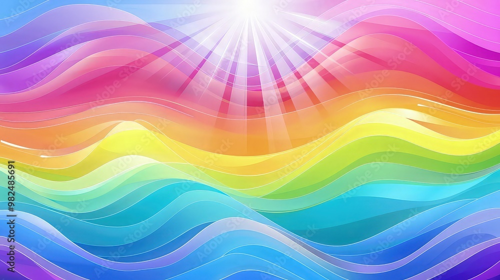 Poster radiant waves of light in a spectrum of rainbow colors, creating a vibrant and joyful abstract backg