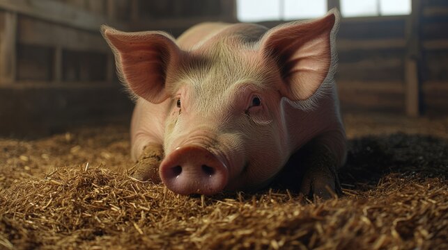 Close shot of a pig lying in the barn resting, front view with space for text
