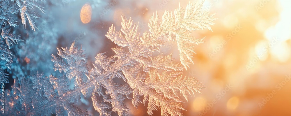 Poster a close-up of a delicate frost-covered leaf illuminated by warm sunlight, creating a beautiful contr