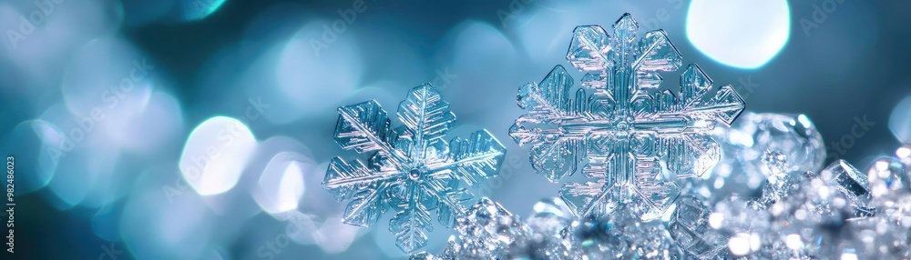 Poster close-up of intricate snowflakes against a dreamy blue background, showcasing delicate patterns and 
