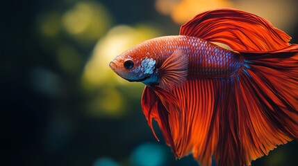 Close-up of a fish in a betta fish aquarium with space for text or inscriptions, sideways

