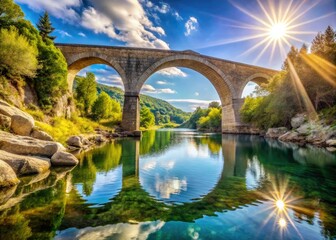 Obraz premium The iconic arched bridge stretches across the serene river, its grandeur magnified by piercing sunlight and a brilliant blue sky.