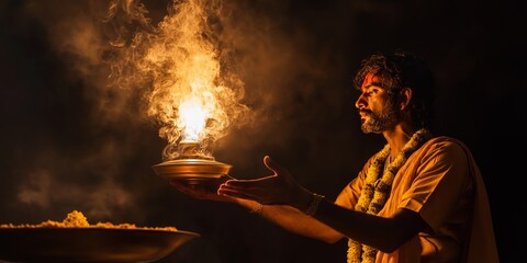 Hindu Priest Performing Sacred Aarti Ritual with Fire During Traditional Spiritual Ceremony