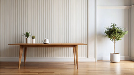 Fototapeta premium Minimalist interior scene featuring a sleek wooden table placed in front of a clean and empty white wall, perfect for adding your own design elements.