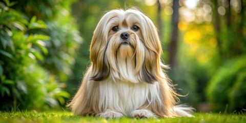 The Lhasa Apso's long locks flow like a golden river as it sits serenely, gazing up at the lens with gentle solicitude.