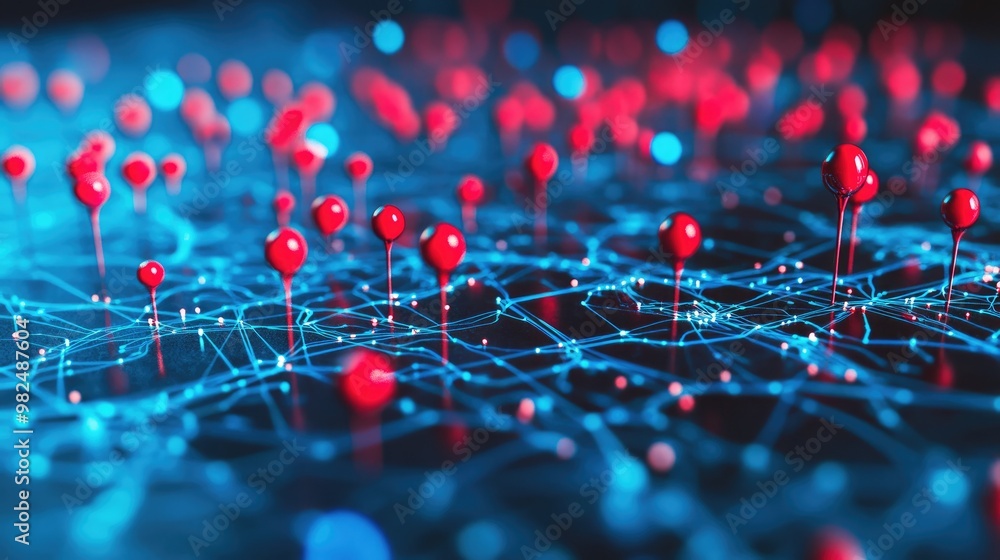 Poster geospatial map with red and blue pins, representing data insights for location analysis and strategi
