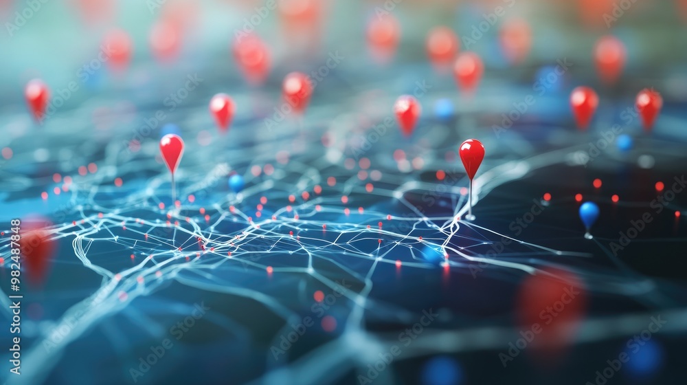Poster geospatial map with red and blue pins, representing data insights for location analysis and strategi
