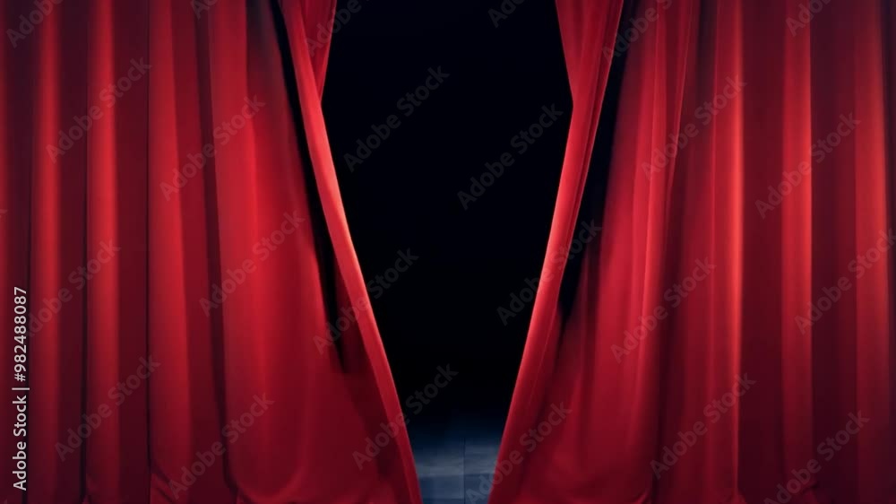 Poster the luxurious red curtains create an inviting atmosphere as they open in a softly lit auditorium, si
