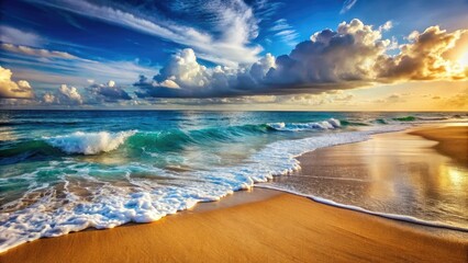 The soothing ocean waves gently lap at the shore, creating a harmonious collision of blue and brown hues on the sandy beach below.