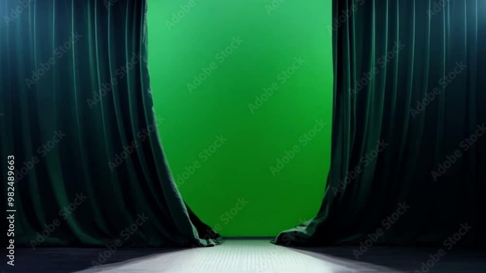 Poster the stage is set with rich green curtains, partially drawn, hinting at a performance about to begin.