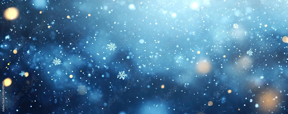 Poster a serene winter scene featuring falling snowflakes and shimmering lights, creating a magical atmosph
