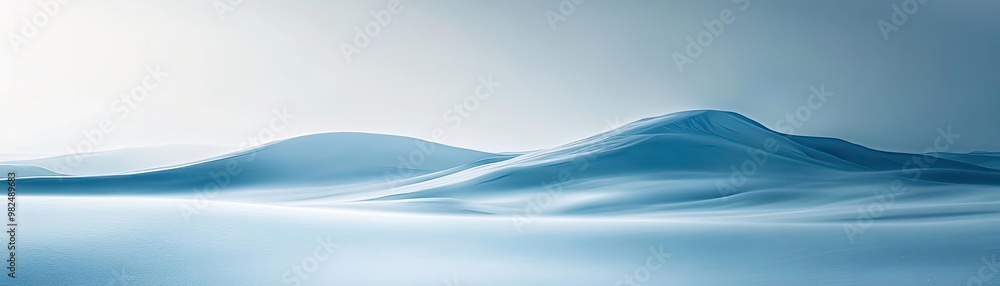 Poster serene blue landscape with soft rolling hills, evoking tranquility and calmness in a minimalist sett