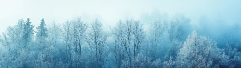 A serene winter landscape featuring frosted trees and a misty atmosphere, perfect for tranquil nature scenes.