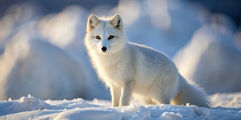 The white arctic fox's thick fur glistens on the snowy expanse, its piercing eyes scanning the horizon with a sharp, calculating gaze.
