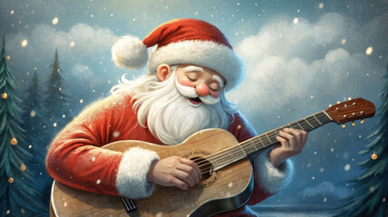Fototapeta premium Santa Claus plays an acoustic guitar in the forest against the backdrop of falling snow and evergreen trees, pines and fir trees