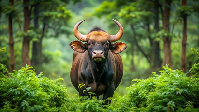 Within a lush forest, a majestic gaur stands tall, its enormous stature and striking coat drawing in the