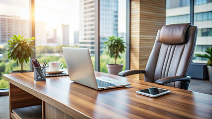 Fototapeta premium Professional desk setup with laptop, cellphone, and empty chair, conveying a sense of a busy entrepreneur making a call, with ample copy space around.