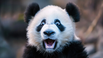 Obraz premium A surprised panda with wide, expressive eyes stands out against a minimalist backdrop, exuding a mix of cuteness and humor.