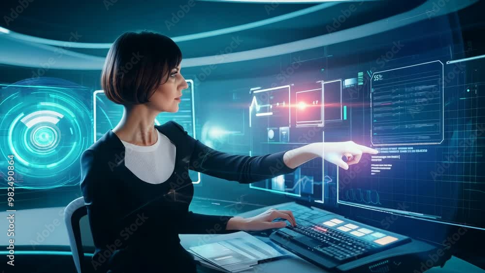Poster a professional works diligently at a sleek workstation, analyzing complex data and digital graphics 