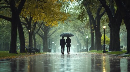 Rainy Day Stroll Under a Shared Umbrella