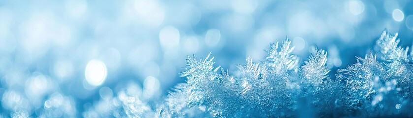 Stunning close-up of frosty snowflakes adorned with shimmering ice crystals against a soothing blue background.