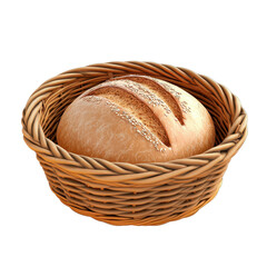 Freshly baked bread resting in a woven basket, perfect for meals or culinary presentations., isolated on a transparent background.