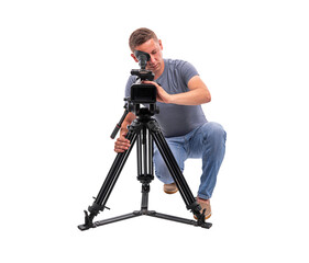 Male videographer with video camera isolated on white background.