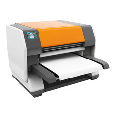 High-quality printer with an orange accent and open paper tray, ideal for professional printing tasks in an office environment., isolated on a transparent background.