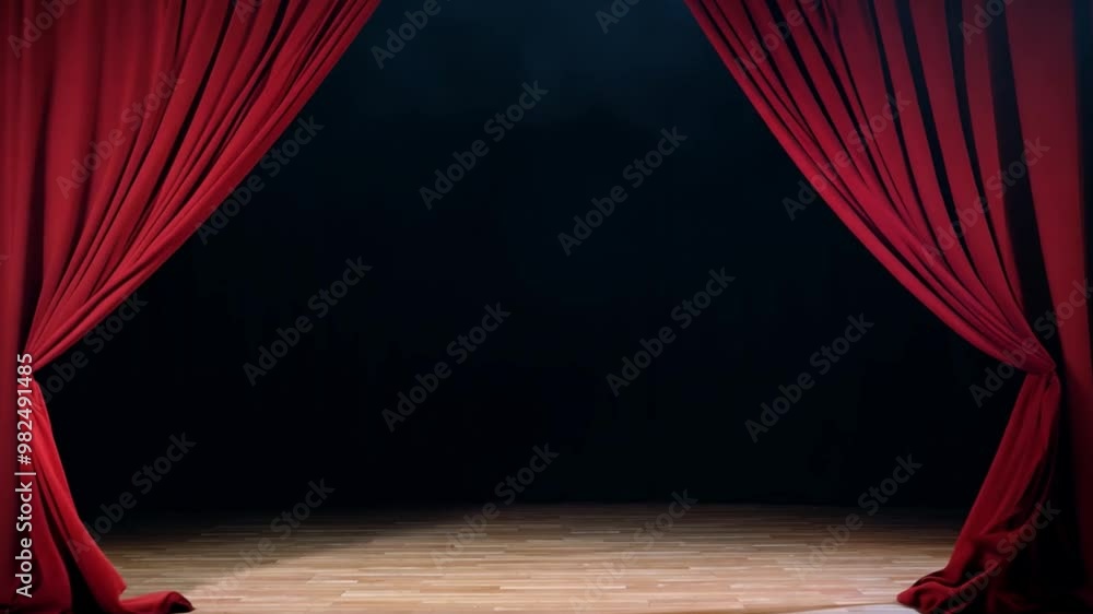 Poster the luxurious red curtains draw back in a theater, unveiling a dark stage, creating an atmosphere of